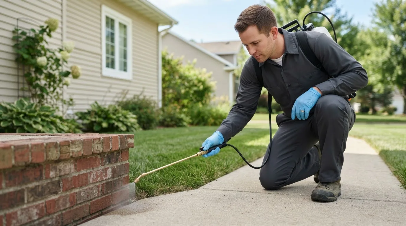 Pest control technician treating a home near Londonderry, OH