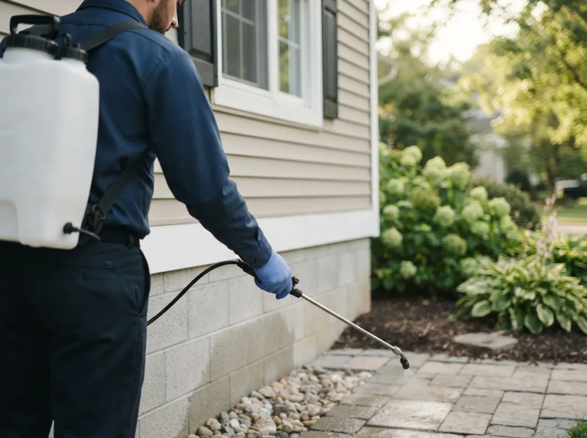 Pest control technician inspecting a home in Londonderry, OH